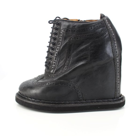 Mihara Yasuhiro Black Brogue Wedge Boots 6.5 Lace Up Platform Oxford Zip Japan - Picture 6 of 13